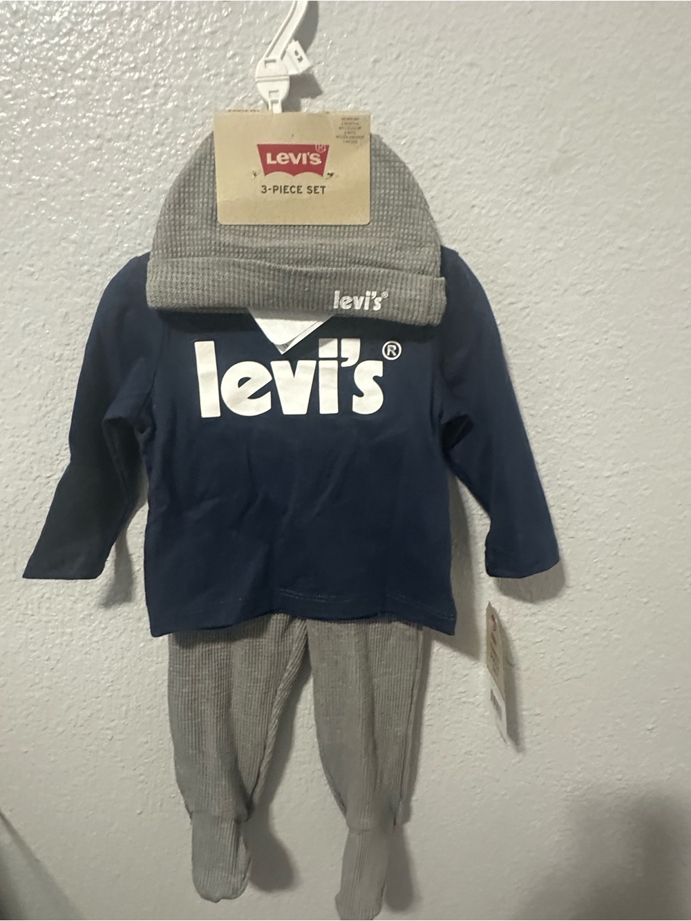 Levi's Navy Long-Sleeve Logo Top with Gray Knit Hat & Footed Pants - 3-Piece Set